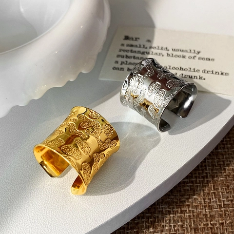 Hammered Wide Band Open Ring Copper 18K Gold Plated Textured Adjustable Minimalist Jewelry For Women