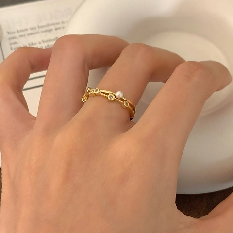 Artificial Pearl Zircon Open Adjustable Ring Gold Plated Copper Geometric Wave Line Elegant Light Luxury Everyday Jewelry For Women