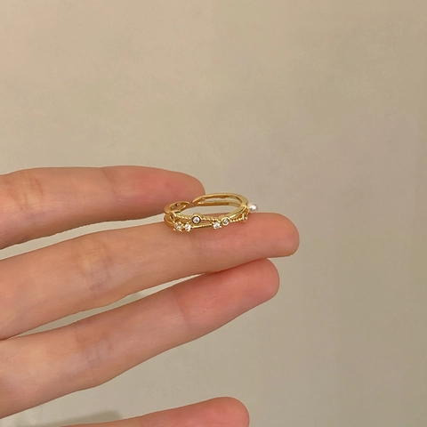 Artificial Pearl Zircon Open Adjustable Ring Gold Plated Copper Geometric Wave Line Elegant Light Luxury Everyday Jewelry For Women