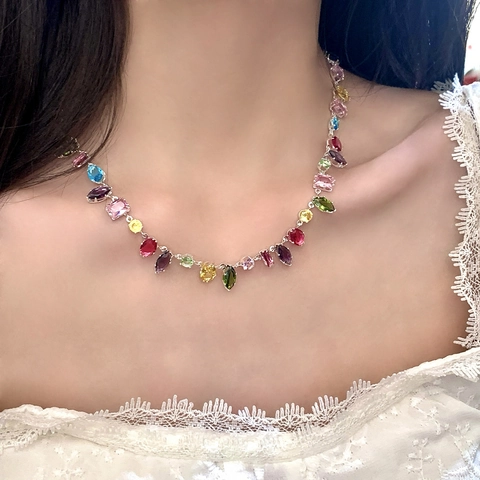 Collar De Circón Colorido Cobre Lujo Moderno Forma Geométrica Piedras Multicolores Joyería Cadena De Clavícula Ajustable