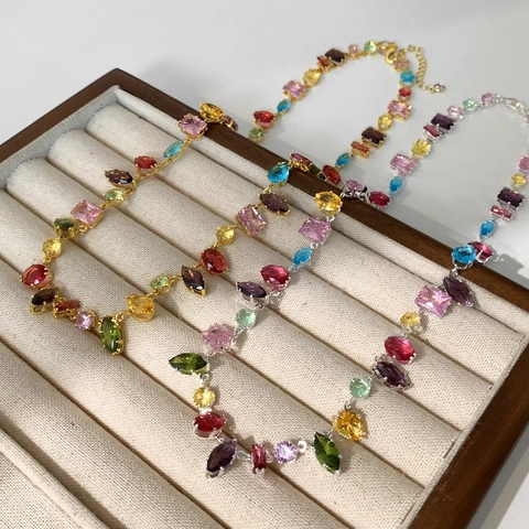 Collar De Circón Colorido Cobre Lujo Moderno Forma Geométrica Piedras Multicolores Joyería Cadena De Clavícula Ajustable