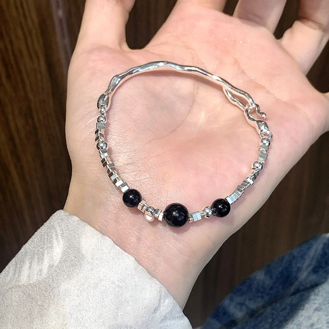 Bracelet Argenté Minimaliste Künstliche Perles Agate Pour Femme Jonc Géométrique Ondulé Bijou De Main Unique Accessoire Mode
