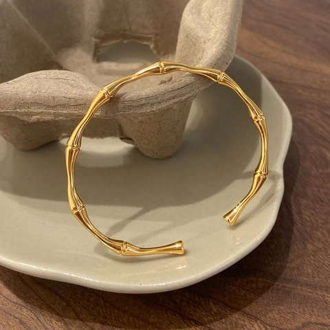 Bamboe Knoop Manchet Armband 18K Verguld Messing Verstelbaar Open Bangle Minimalistische Sieraden Voor Dames