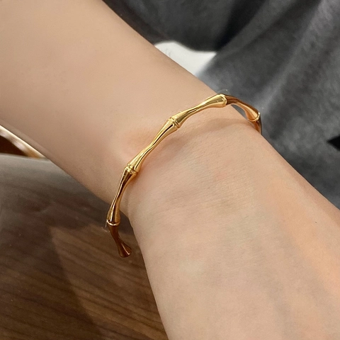 Bamboe Knoop Manchet Armband 18K Verguld Messing Verstelbaar Open Bangle Minimalistische Sieraden Voor Dames