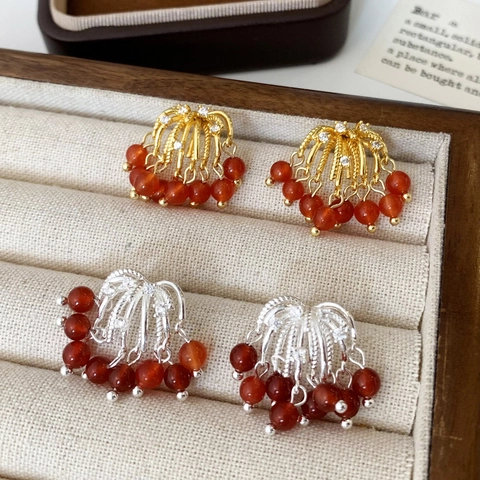 Vintage Copper Zirconia Fan Tassel Earrings For Women Light Luxury Red Agate Natural Stone Bohemian Dangle Earrings Gift