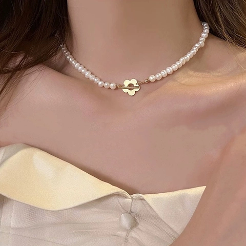 Collana Di Perle D'acqua Dolce Con Chiusura A Gancio Fiore In Rame Catena Per Clavicola Barocca Elegante Donna
