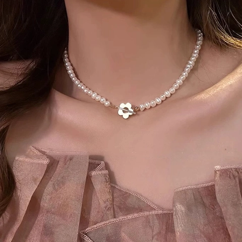 Collana Di Perle D'acqua Dolce Con Chiusura A Gancio Fiore In Rame Catena Per Clavicola Barocca Elegante Donna