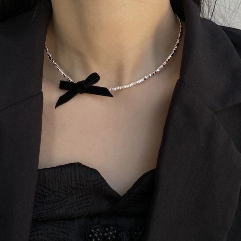 Silver Plated Copper Broken Silver Style Necklace For Women With Black Satin Ribbon Bow Sweet Cool Design Minimalist Choker