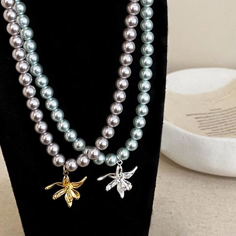 Elegant Imitation Artificial Pearl Necklace With Copper Flower Pendant Gold Plated Clavicle Chain Aesthetic Jewelry For Women