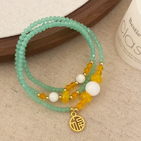 Neu Chinesischer Stil Mehrlagiges Perlenarmband Grüne Kristallglas Kupfer Vergoldet Fu Anhänger Vintage Elegant Für Damen
