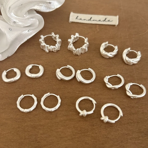 Matte Silver Plated Copper Hoop Earrings Minimalist Geometric Knot Wave Twisted Bamboo Ear Buckles For Women Elegant