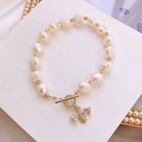 Bracelet Perles Deau Douce Femme Avec Pendentif Abeille Zircon Plaqué Or Fermoir T Baroques Perles Irrégulières Bijoux