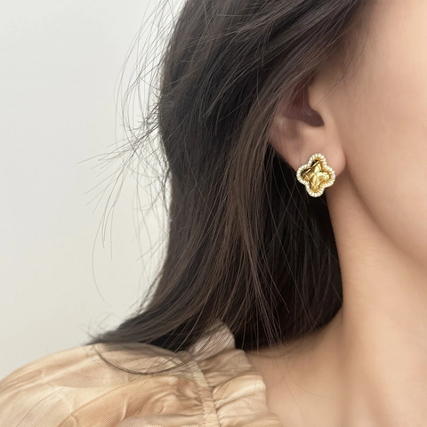 Four Leaf Clover Stud Earrings Copper With Cubic Zirconia Quilted Texture Rhombus Pattern Elegant Jewelry For Women