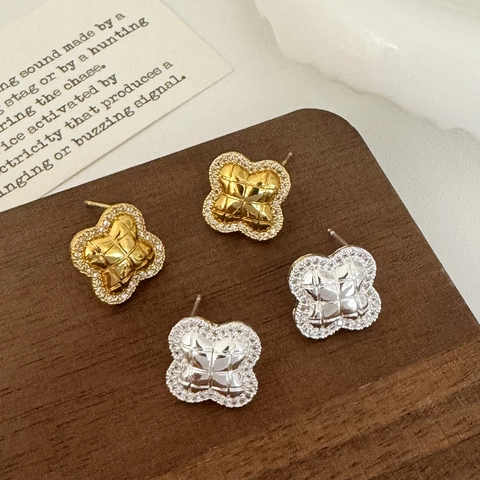 Four Leaf Clover Stud Earrings Copper With Cubic Zirconia Quilted Texture Rhombus Pattern Elegant Jewelry For Women