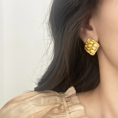 Square Woven Texture Stud Earrings Brass Minimalist Braided Pattern Matte Metal Jewelry For Women