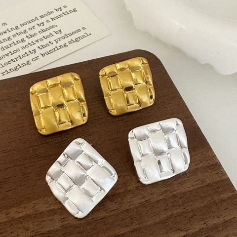 Square Woven Texture Stud Earrings Brass Minimalist Braided Pattern Matte Metal Jewelry For Women