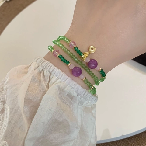 Mehrlagiges Grünes Kristall Perlenarmband Vintage Chinesischer Stil 18K Vergoldeter Kupfer Münzanhänger Für Damen Elegant
