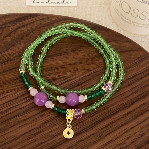 Mehrlagiges Grünes Kristall Perlenarmband Vintage Chinesischer Stil 18K Vergoldeter Kupfer Münzanhänger Für Damen Elegant
