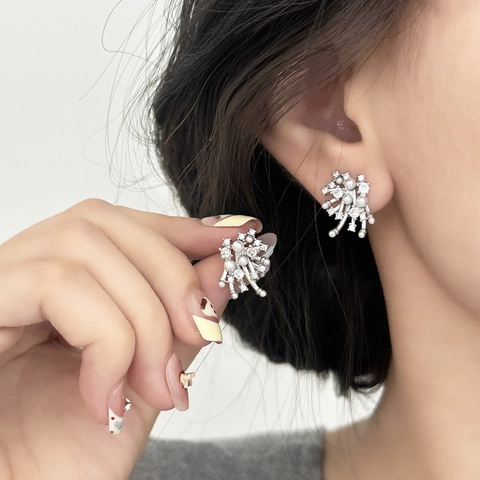 Firework Stud Earrings With Artificial Pearl And Zircon Inlaid Copper Earring Post Irregular Elegant Jewelry For Women