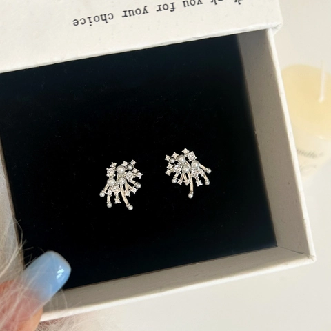 Firework Stud Earrings With Artificial Pearl And Zircon Inlaid Copper Earring Post Irregular Elegant Jewelry For Women