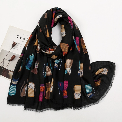 Cartoon Cat Print Long Scarf Shawl Polyester Lightweight Warm Wrap For Women Artistic Style Frayed Edges