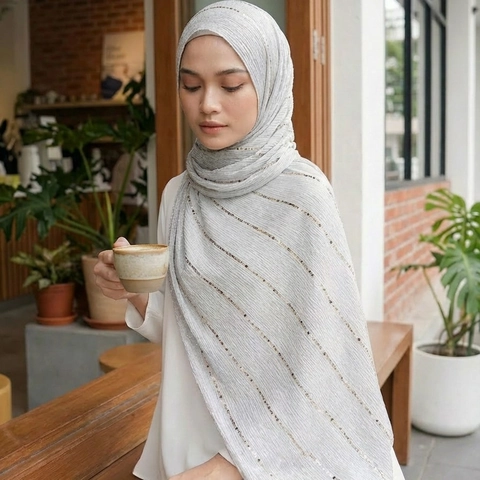 Elegant Pleated Scarf For Women With Gold Sequin Magic Satin Lightweight Shawl Wrap Fashion Hijab Solid Color Accessory