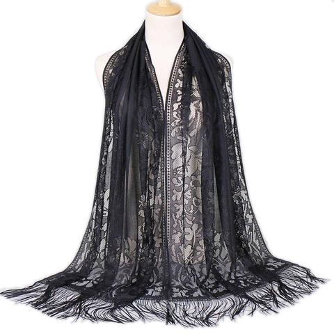 Châle en Dentelle Florale Ajourée pour Femmes Avec Glands Long Élégant Hijab en Polyester pour Mariage Fête