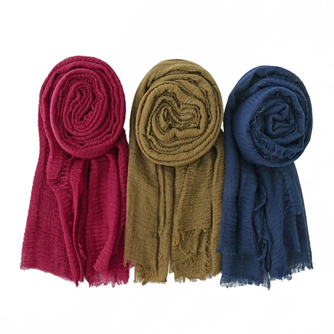 Cotton Linen Scarf Long Shawl Wrap Crinkle Texture Solid Color Ethnic Retro Style Frayed Hem Large Stole