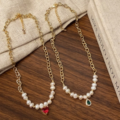 Élégant Collier De Perles D'eau Douce Avec Pendentif En Cœur Ou Goutte D'eau En Cuivre Doré Ras Du Cou Pour Femme Style Vintage