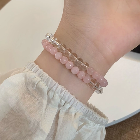 Double Layer Crystal Beaded Bracelet Pink White Stones With Shell Moon Pendant Gold Plated Copper Sweet Jewelry For Women