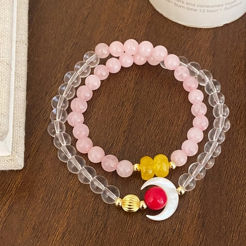 Double Layer Crystal Beaded Bracelet Pink White Stones With Shell Moon Pendant Gold Plated Copper Sweet Jewelry For Women
