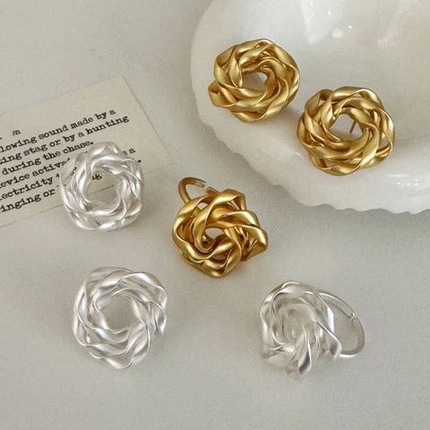 French Vintage Matte Floral Stud Earrings With Silver Earring Post Irregular Spiral Rose Ring Copper Jewelry For Women