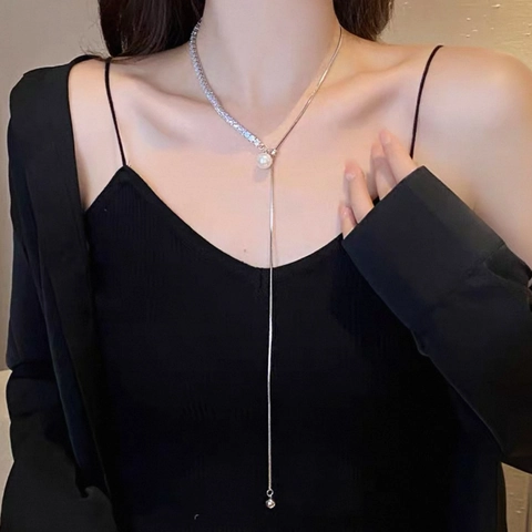 Y Shaped Copper Necklace Asymmetrical Zircon Tennis And Snake Chain With Shell Artificial Pearl Pendant Adjustable Tassel Women