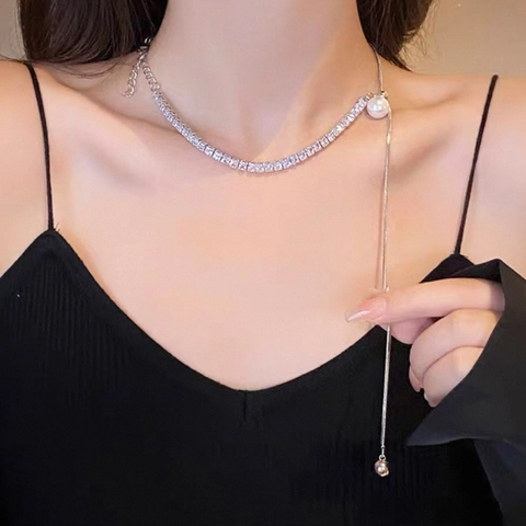 Y Shaped Copper Necklace Asymmetrical Zircon Tennis And Snake Chain With Shell Artificial Pearl Pendant Adjustable Tassel Women
