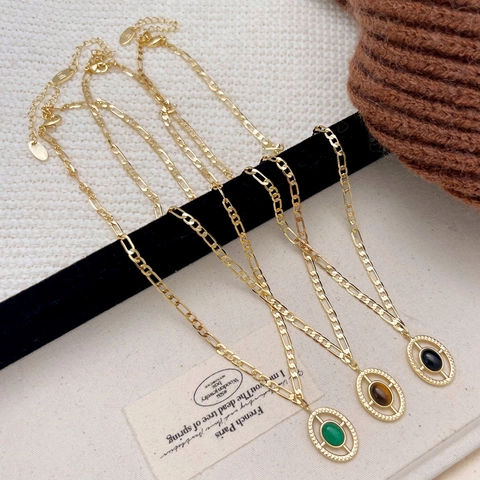 Natural Stone Anhänger Halskette Französisch Retro Vergoldet Figaro Kette Kupfer Schmuck Für Frauen Minimalistisch