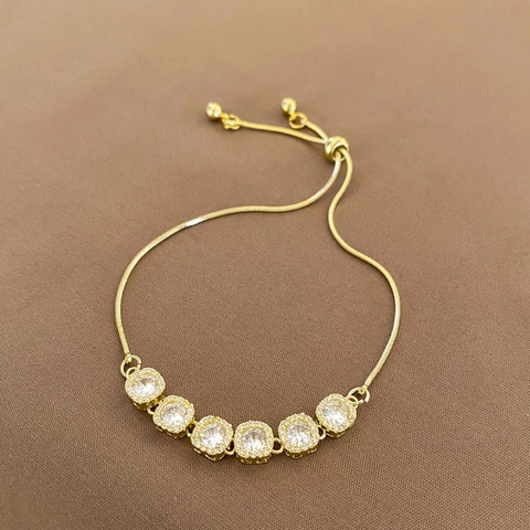 Elegant Copper Cubic Zirconia Bolo Bracelet For Women Adjustable Slide Buckle Geometric Square Halo Design Golden