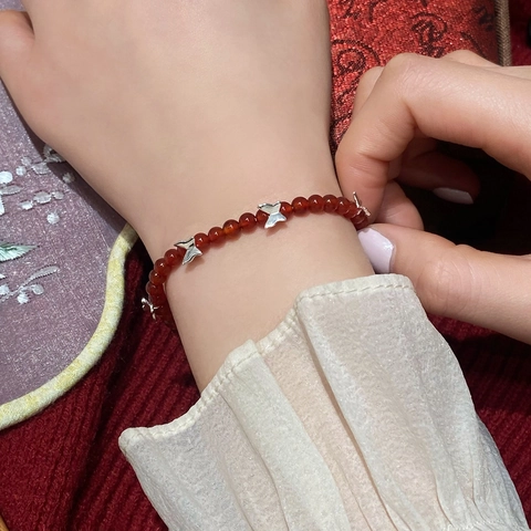 Pulsera De Cuentas De Ágata Natural Con Charms De Mariposa De Cobre Cadena De Extensión Ajustable Joyas Vintage Para Mujer