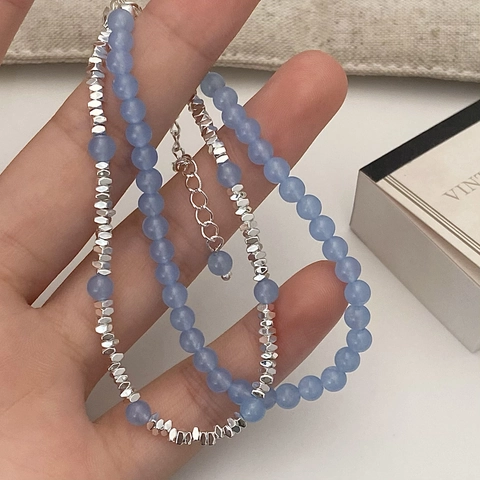 Bracelet Double Couche Pierre Naturelle Bleue Perles De Cuivre Irrégulières Argenture Épaisse Bijoux Esthétiques Pour Femmes