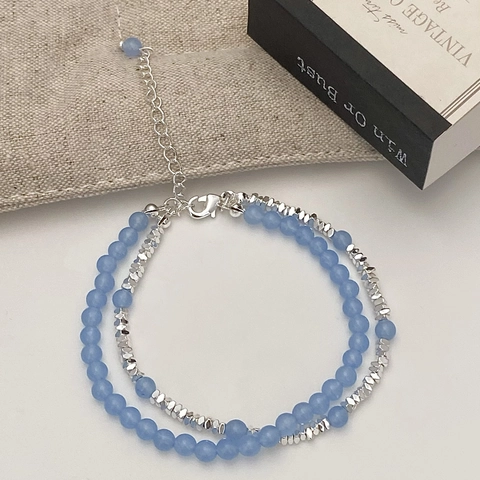 Bracelet Double Couche Pierre Naturelle Bleue Perles De Cuivre Irrégulières Argenture Épaisse Bijoux Esthétiques Pour Femmes