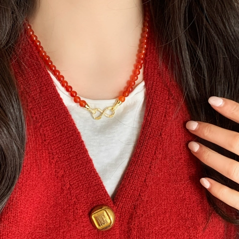 Elegant Red Agate And Artificial Pearl Beaded Necklace Copper Infinity Symbol Clasp Clavicle Chain Jewelry For Women Gift