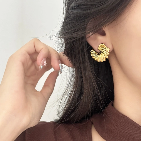 Boucles D'oreilles Puces Éventail Avec Tige En Cuivre Texture Coquillage Plissé Géométrique Bijoux Élégants Pour Femmes Niche