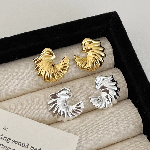 Boucles D'oreilles Puces Éventail Avec Tige En Cuivre Texture Coquillage Plissé Géométrique Bijoux Élégants Pour Femmes Niche