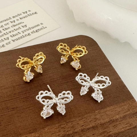French Retro Bow Stud Earrings Copper With Heart Cubic Zirconia And 925 Sterling Silver Earring Post Elegant Light Luxury