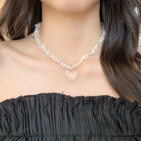 Natural White Crystal Chip Bead Heart Pendant Necklace Copper Silver Plated Adjustable Clavicle Chain Jewelry For Women
