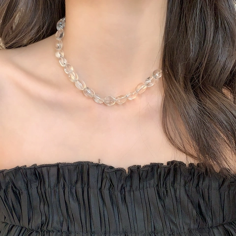 Minimalistische Transparente Glasperlen Schlüsselbeinkette Kupferkette Versilbert Geometrisches Halsband Damen Pendler Stil