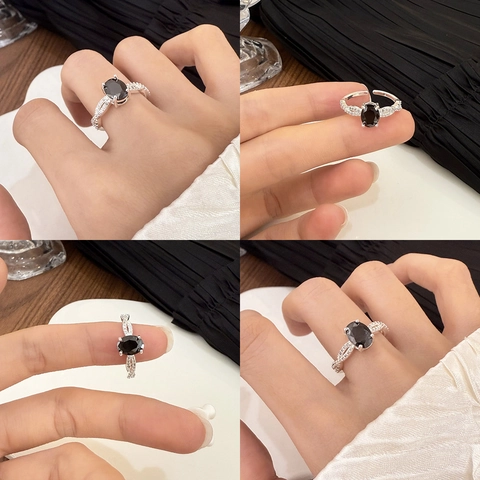 Vintage Style Copper Ring For Women With Oval Black Zircon And Micro Pave White Zirconia Adjustable Open Jewelry