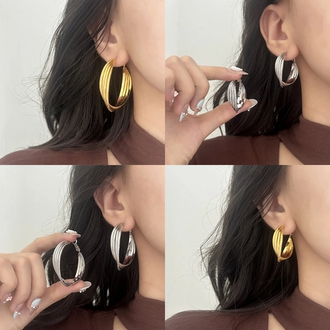 Orecchini A Cerchio Triplo Intrecciato Con Perno In Argento Sterling 925 Rame Placcato Oro 18K Moda Minimalista