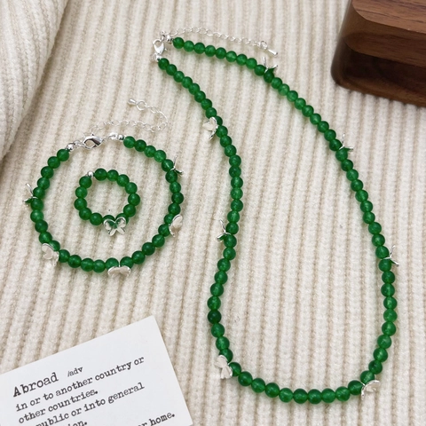 Groene Chalcedoon Kralen Sieraden Ketting Armband En Ring Elegante Vlinder Hanger Handgemaakte Natuursteen Accessoires