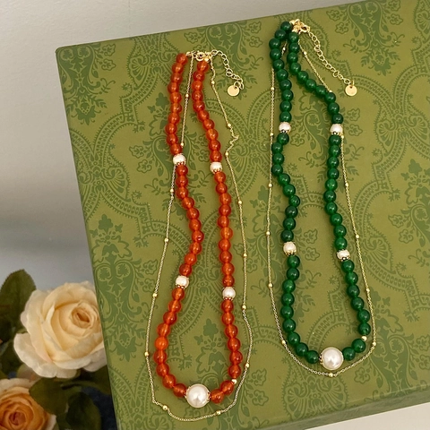 Collana A Doppio Strato Con Künstliche Perle Naturali E Grani Di Agata Calcedonio Gioielli Eleganti Vintage Per Donne