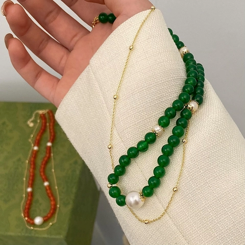 Collana A Doppio Strato Con Künstliche Perle Naturali E Grani Di Agata Calcedonio Gioielli Eleganti Vintage Per Donne